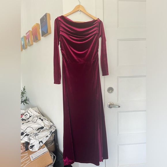 #93 Burgundy velvet Asymmetrical Neck Ruched Split Thigh  gown / maxi dress - Picture 2 of 5